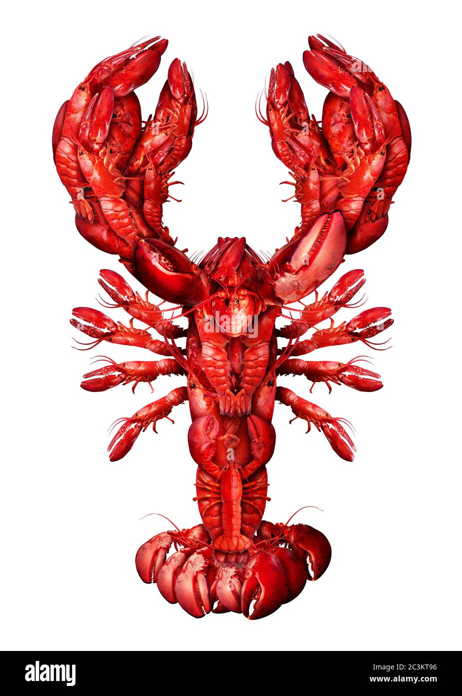 Simbolo dell'aragosta isolato su sfondo bianco come un gruppo di frutti di mare freschi o di frutti di mare concetto di cibo di molluschi come un crostacei completo a conchiglia rossa. Foto Stock