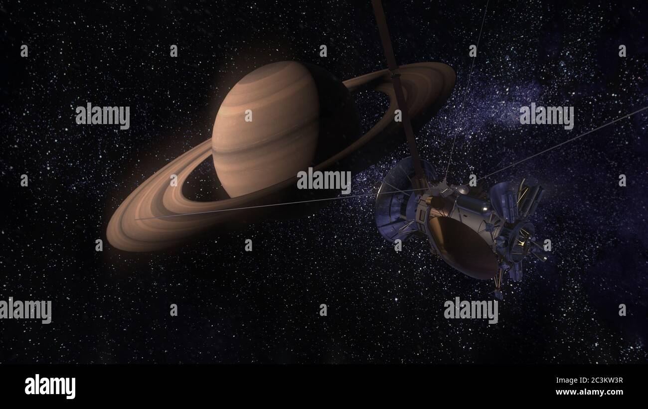 Satellite Cassini si avvicina a Saturno. Cassini Huygens è una navicella spaziale senza equipaggio inviata al pianeta Saturno. Elementi di questa foto forniti dalla NASA Foto Stock