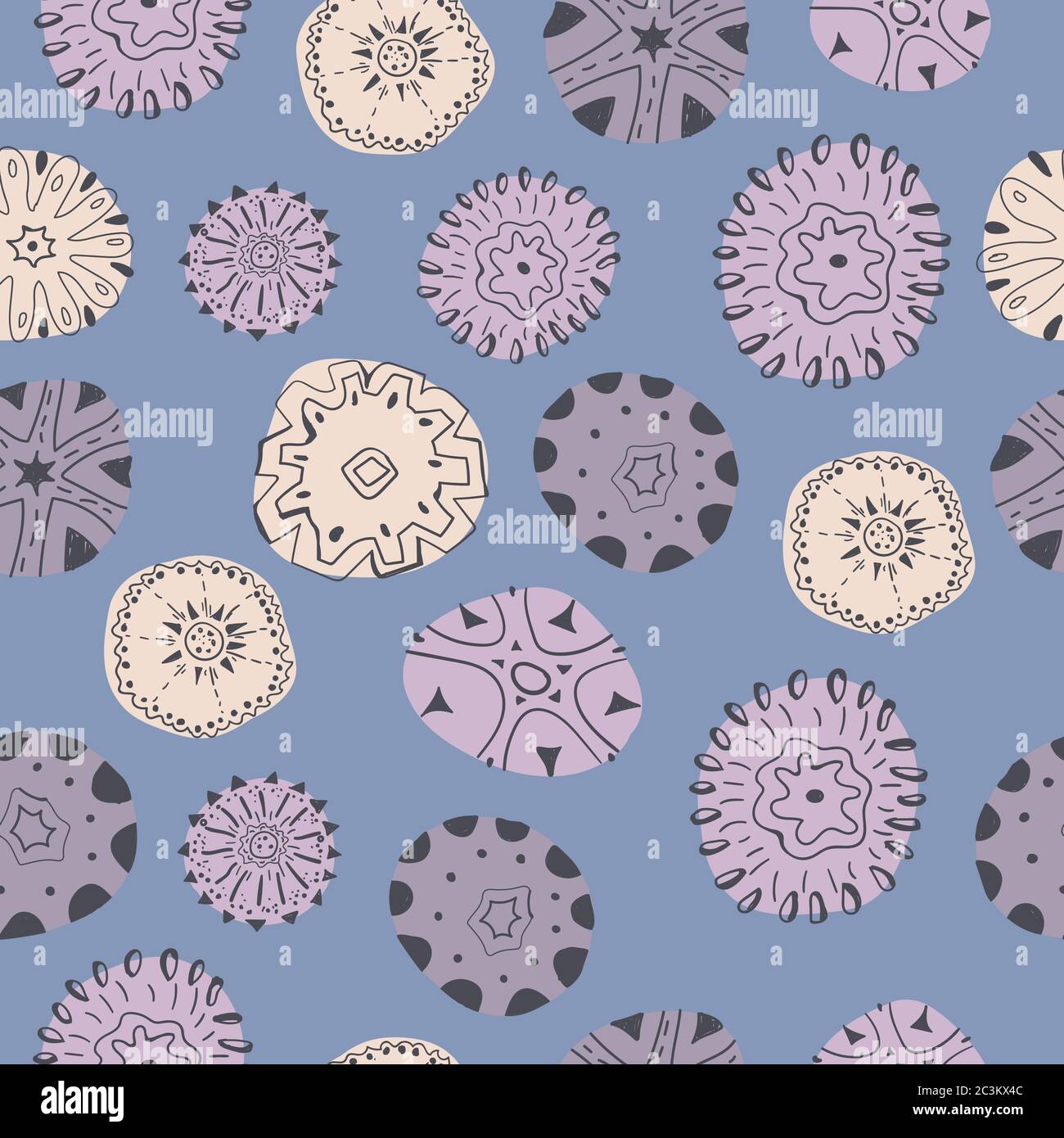 Motivo decorativo geometrico astratto senza giunture. Ciottoli disegnati a mano con ornamento su sfondo lilla. Illustrazione Vettoriale
