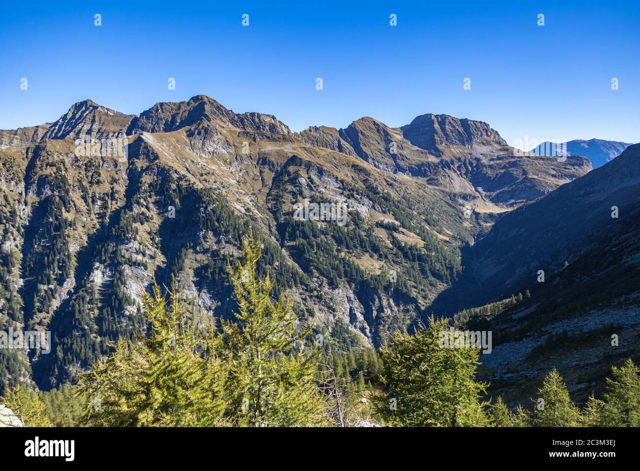 Vista panoramica della valle di Calanca e delle Alpi svizzere a Grigioni sul sentiero escursionistico dal Rifugio Pian Grand a Capanna Buffalora in una giornata estiva soleggiata, CAN Foto Stock