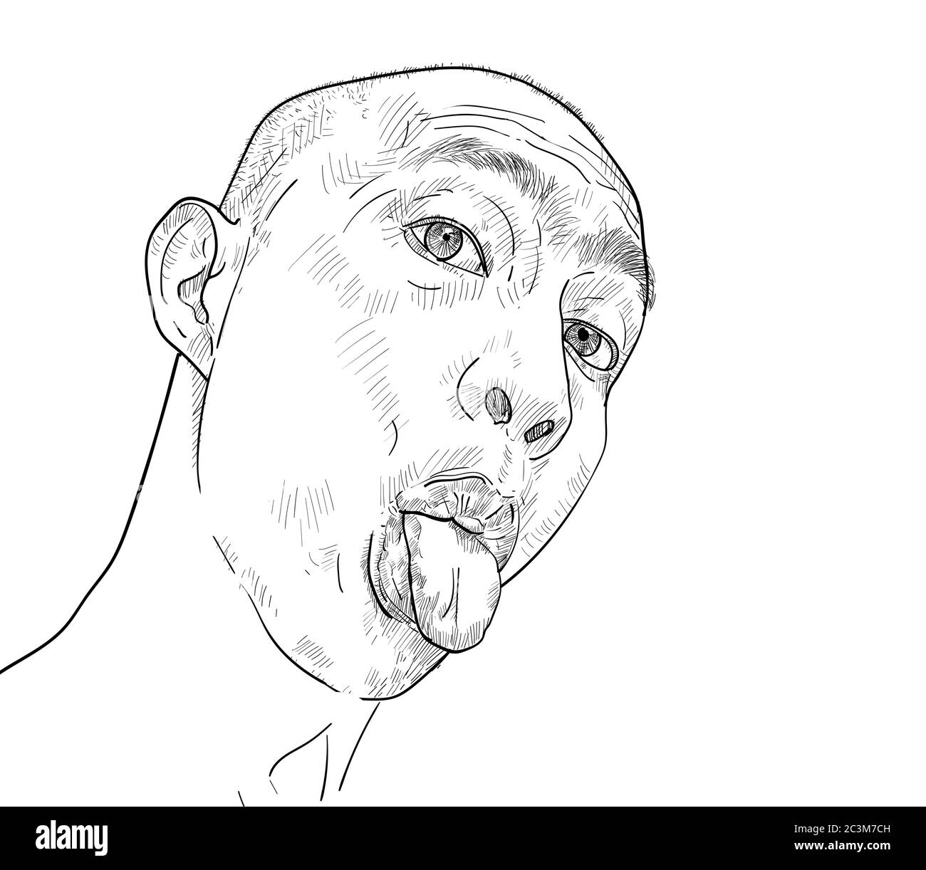 Disegno divertente ritratto di un uomo, espressioni farciche di ragazzo asiatico sticky lingua fuori. Illustrazione vettoriale. Illustrazione Vettoriale