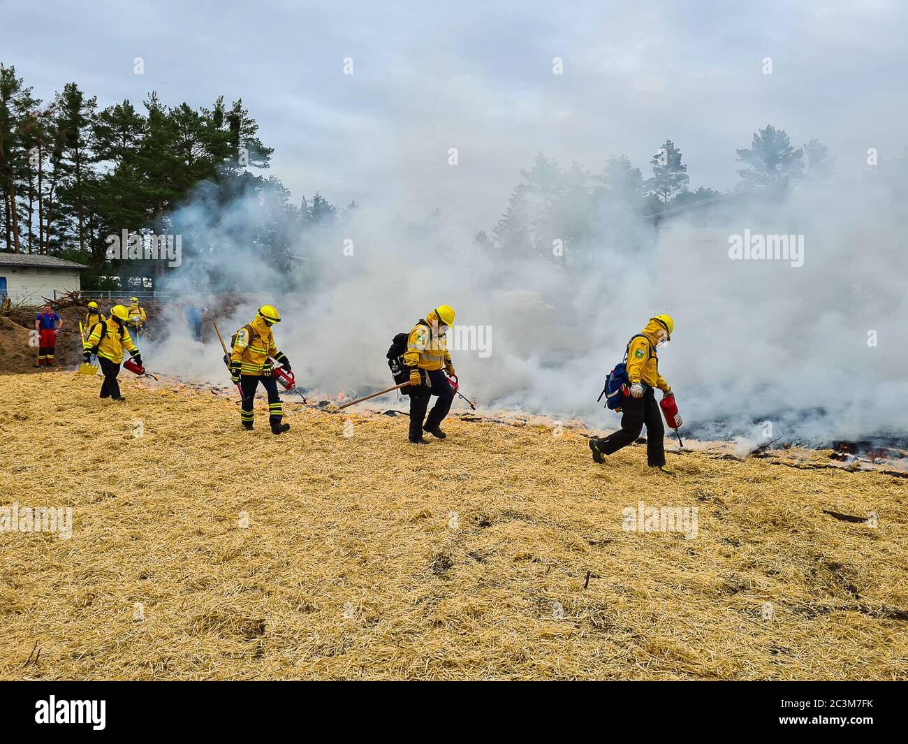 Kloster Lehnin, Germania. 20 Giugno 2020. Dopo la stagione degli incendi boschivi del 2019, i vigili del fuoco addestrano i moderni metodi di estinzione con esperti. Negli esercizi pratici, gli incendi vengono impostati per poter poi spegnerli in modo controllato. Vengono inoltre utilizzati nuovi tipi di agenti estinguenti. Credit: Julian Stähle/dpa-Zentralbild/dpa/Alamy Live News Foto Stock