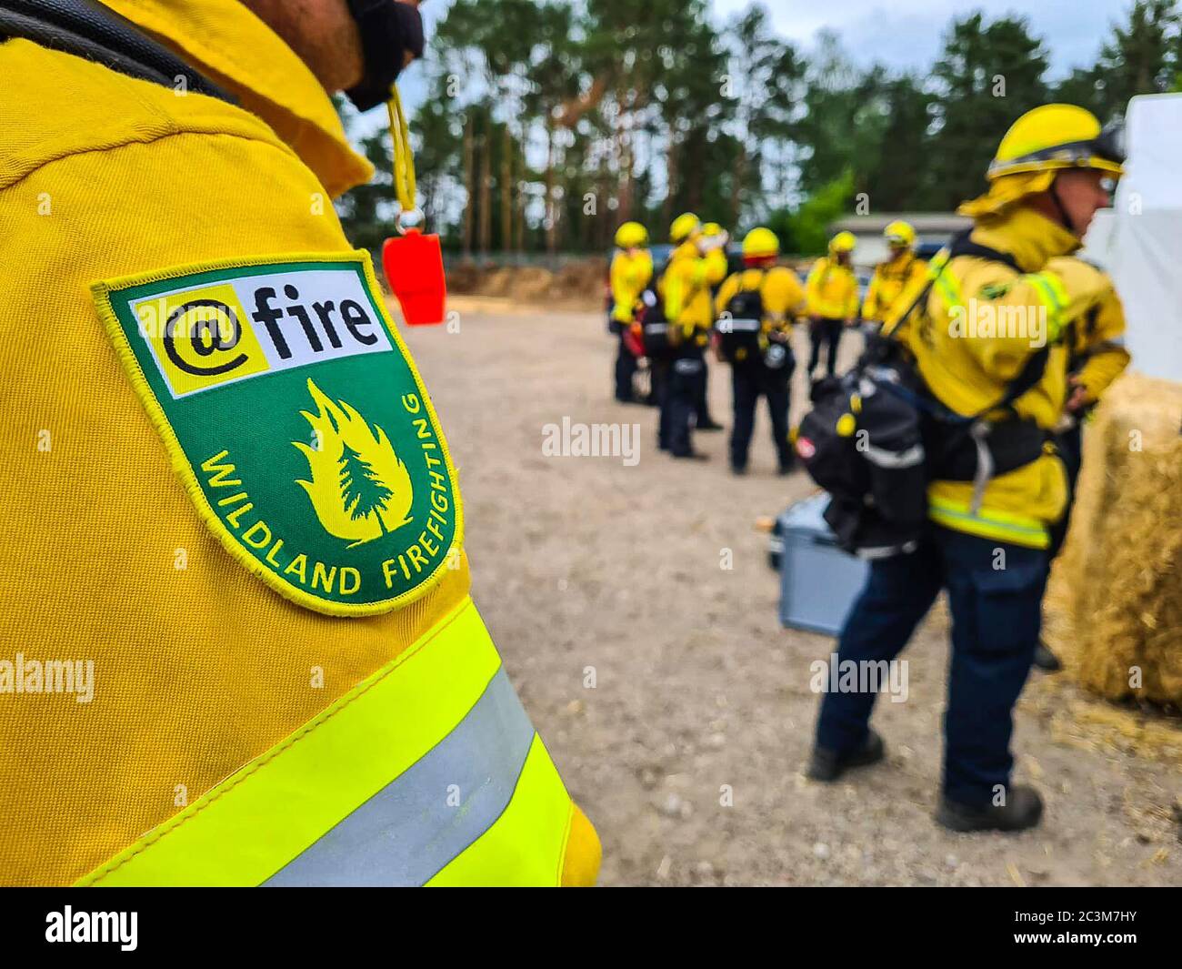 Kloster Lehnin, Germania. 20 Giugno 2020. Dopo la stagione degli incendi boschivi del 2019, i vigili del fuoco addestrano i moderni metodi di estinzione con esperti. Negli esercizi pratici, gli incendi vengono impostati per poter poi spegnerli in modo controllato. Vengono inoltre utilizzati nuovi tipi di agenti estinguenti. Credit: Julian Stähle/dpa-Zentralbild/dpa/Alamy Live News Foto Stock