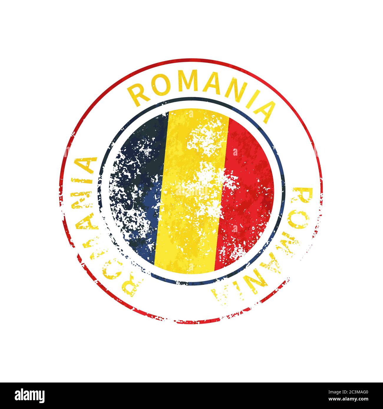 Romania segno, vintage grunge con bandiera su bianco Illustrazione Vettoriale