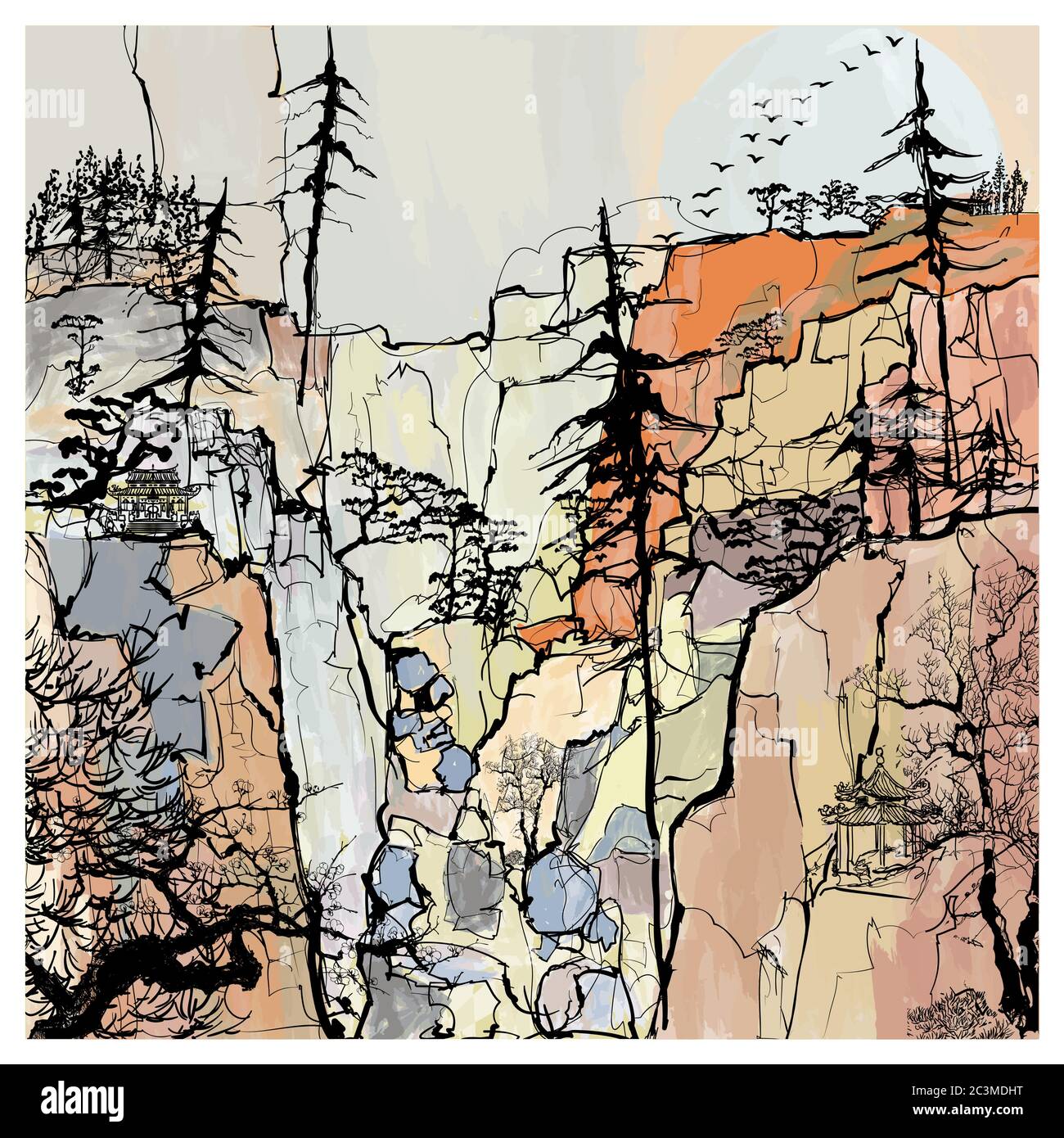 Fantasioso paesaggio cinese con alberi e montagne - illustrazione vettoriale (ideale per la stampa su tessuto o carta, poster o carta da parati, decorazione della casa Illustrazione Vettoriale