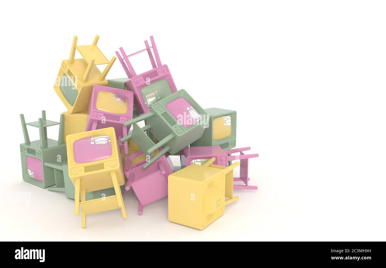 Scarico di vecchi televisori retrò in stile cartone animato isolato su sfondo bianco. Colori pastello. Spazio di copia. Illustrazione 3D. Foto Stock
