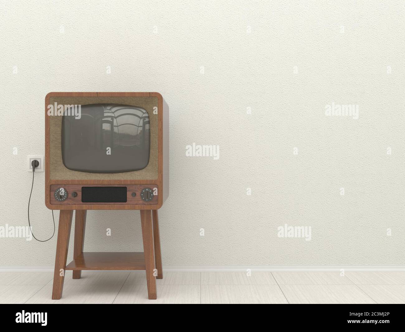 TV retro all'interno di un soggiorno su sfondo di una parete bianca intonacata. Spazio di copia. Illustrazione 3D. Foto Stock