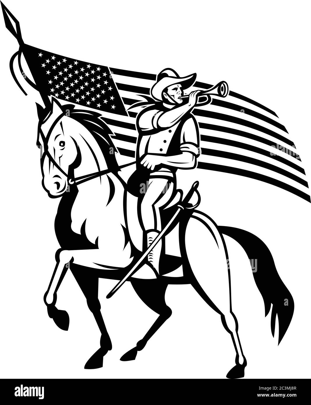 Illustrazione in stile retrò di una cavalleria degli Stati Uniti, la forza montata degli Stati Uniti d'America con le stelle e le strisce americane di bugle e degli Stati Uniti d'America Illustrazione Vettoriale