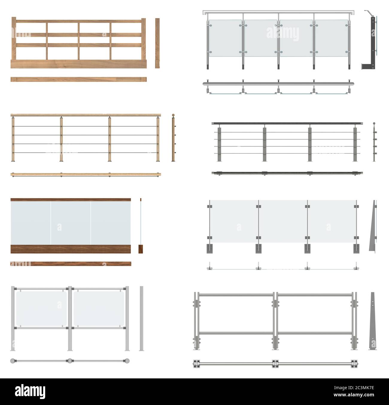 Set di recinzioni ringhiere. Vista frontale, vista dall'alto, vista laterale. Isolato su sfondo bianco. Foto Stock