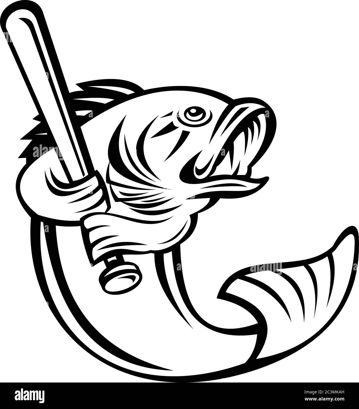 Illustrazione di un basso di largemouth, specie di basso nero e un carnivoro gamefish d'acqua dolce, come giocatore di baseball battendo con pipistrello su backgr isolato Illustrazione Vettoriale