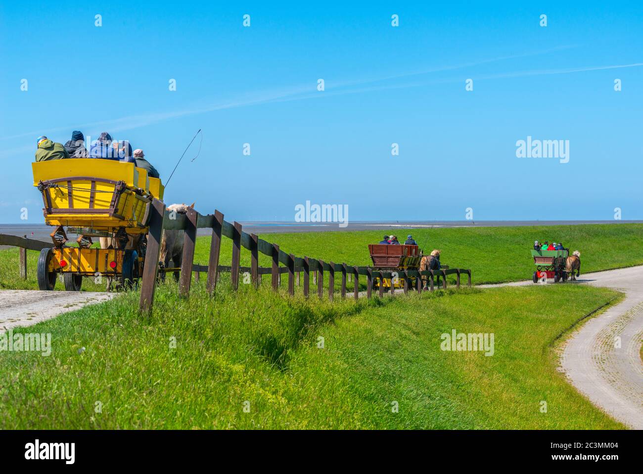 Le carrozze trainate da cavalli portano i turisti dalla terraferma all'isola del Mare del Nord di Neuwerk, allo Stato federale di Amburgo, alla Germania del Nord, al patrimonio mondiale dell'UNESCO, Foto Stock