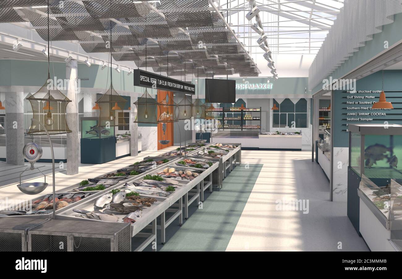 L'interno del negozio di pesce fresco e frutti di mare. Rendering 3D. Progetto di progettazione del mercato del pesce. Foto Stock