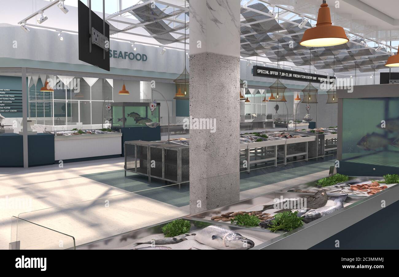 L'interno del negozio di pesce fresco e frutti di mare. Rendering 3D. Progetto di progettazione del mercato del pesce. Foto Stock