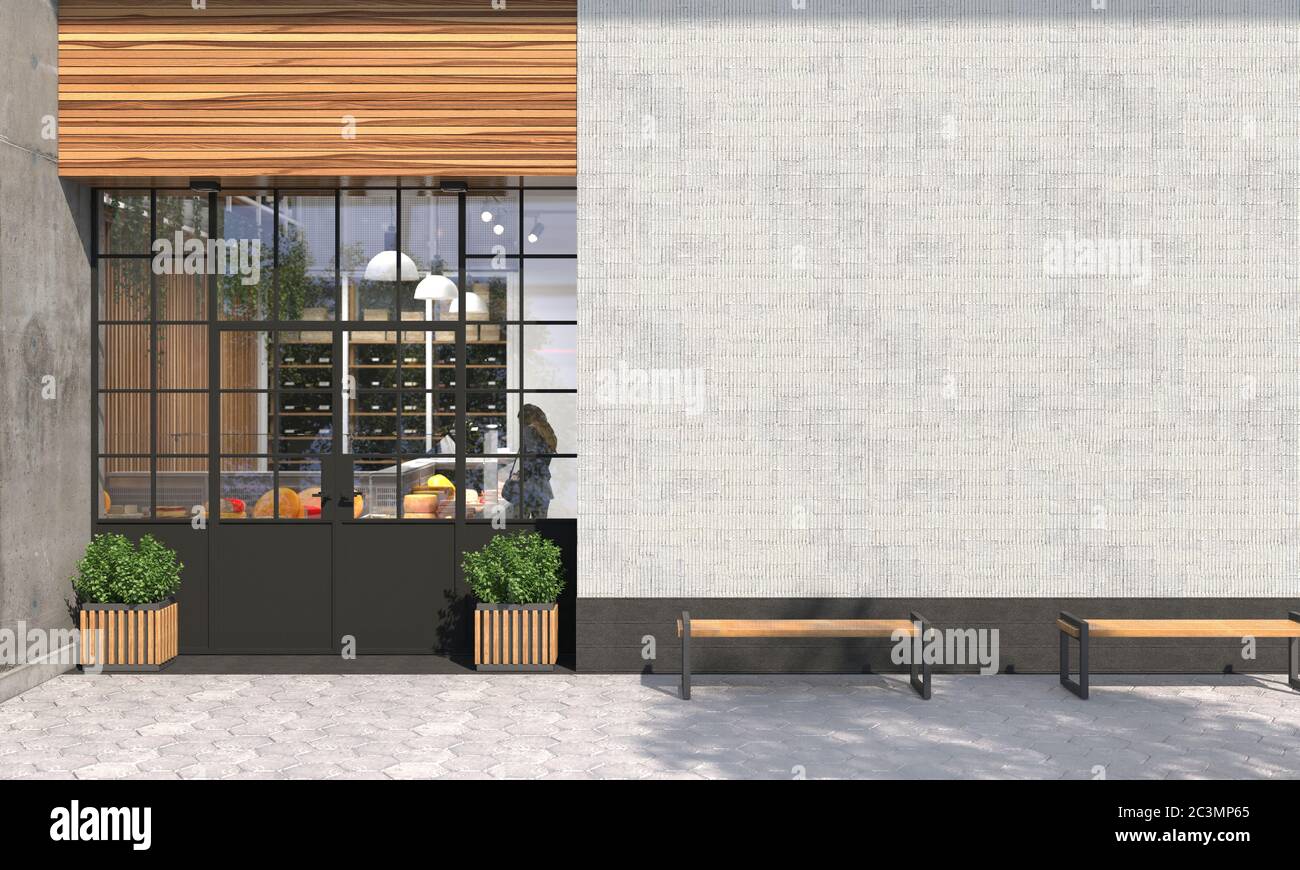 La facciata di un negozio o di un cafe' con un gruppo d'ingresso e una parete vuota nella vista frontale. Spazio libero per insegne, banner pubblicitari e poster. Esterno a Foto Stock La facciata di un negozio o di un cafe' con un gruppo d'ingresso e una parete vuota nella vista frontale. Spazio libero per insegne, banner pubblicitari e poster. Esterno a Foto Stock