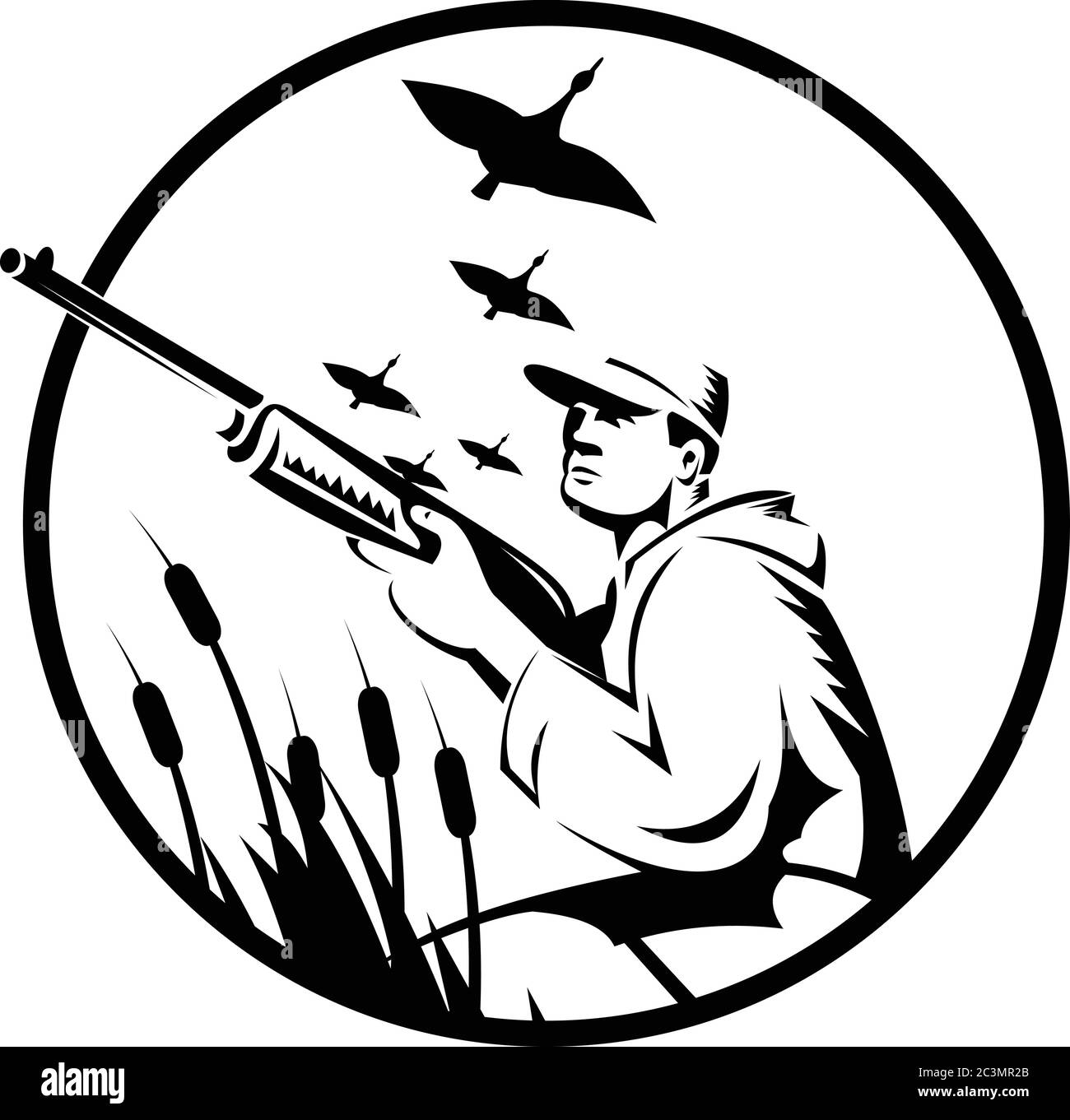 Illustrazione in bianco e nero di un cacciatore di anatre o sparatutto di uccelli con caccia al fucile che mira a sparare oche volare in alto in paludi in background se Illustrazione Vettoriale