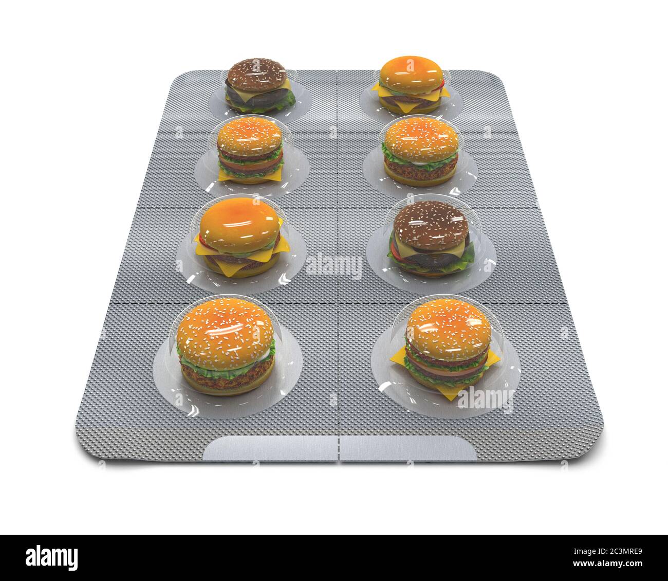 Piccoli panini, hamburger e cheeseburgers in un blister invece di pillole. Confezionamento di alimenti veloci in dimensioni da servire su sfondo bianco. Con creativo Foto Stock