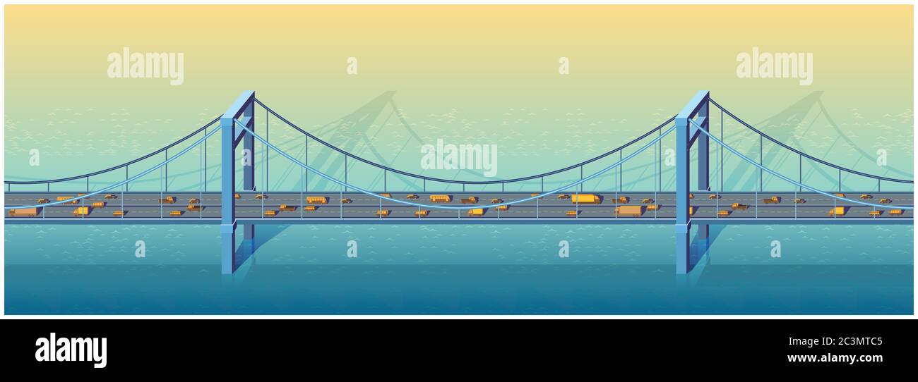 Immagine orizzontale senza cuciture di un grande ponte in una giornata di sole con trasporto Illustrazione Vettoriale