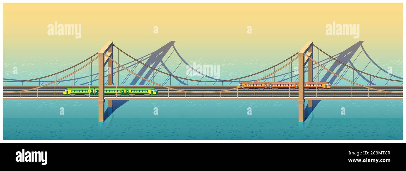 composizione orizzontale senza giunture illustrato grande ponte ferroviario con due treni su di esso in una giornata di sole Illustrazione Vettoriale