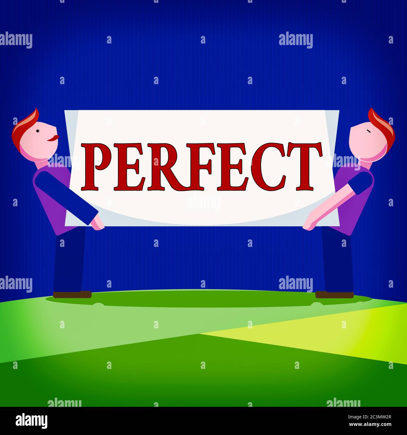 Scrittura concettuale a mano che mostra perfetta. Concetto che significa completo senza difetti o difetti preciso preciso due uomini che portano Rectangula Foto Stock