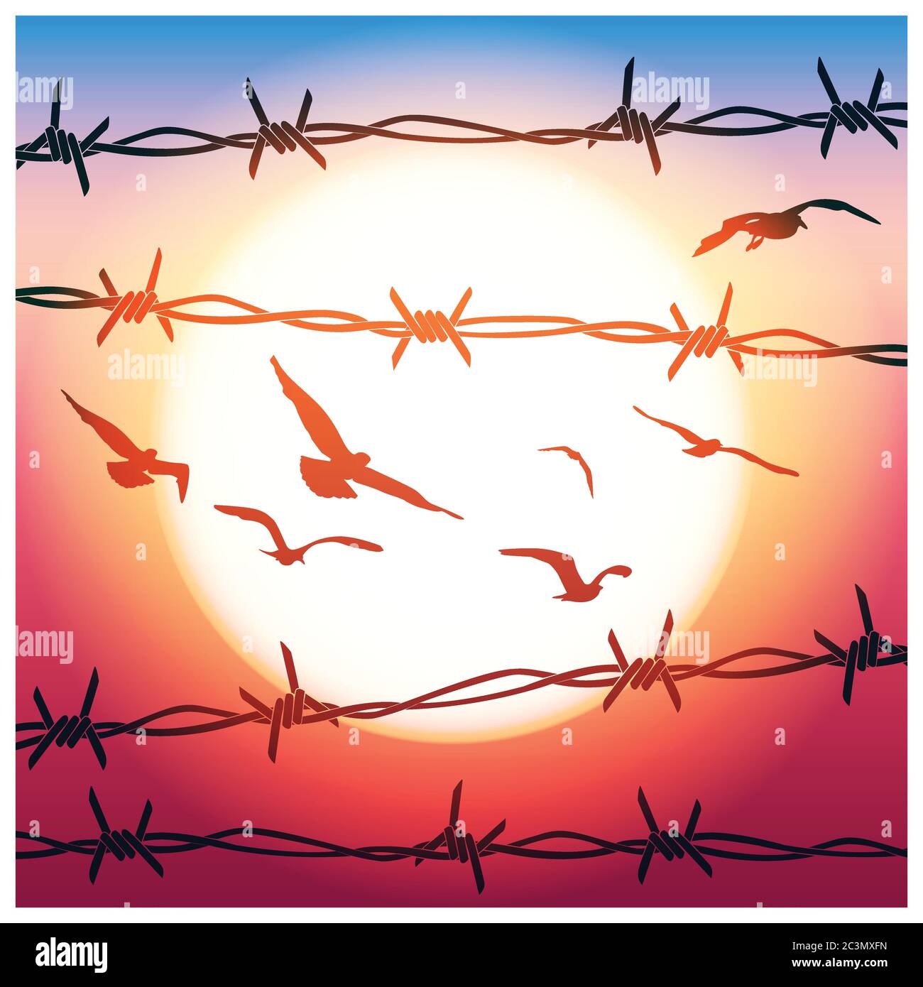 Illustrazione vettoriale stilizzata di filo spinato e uccelli volanti alla  luce solare Immagine e Vettoriale - Alamy