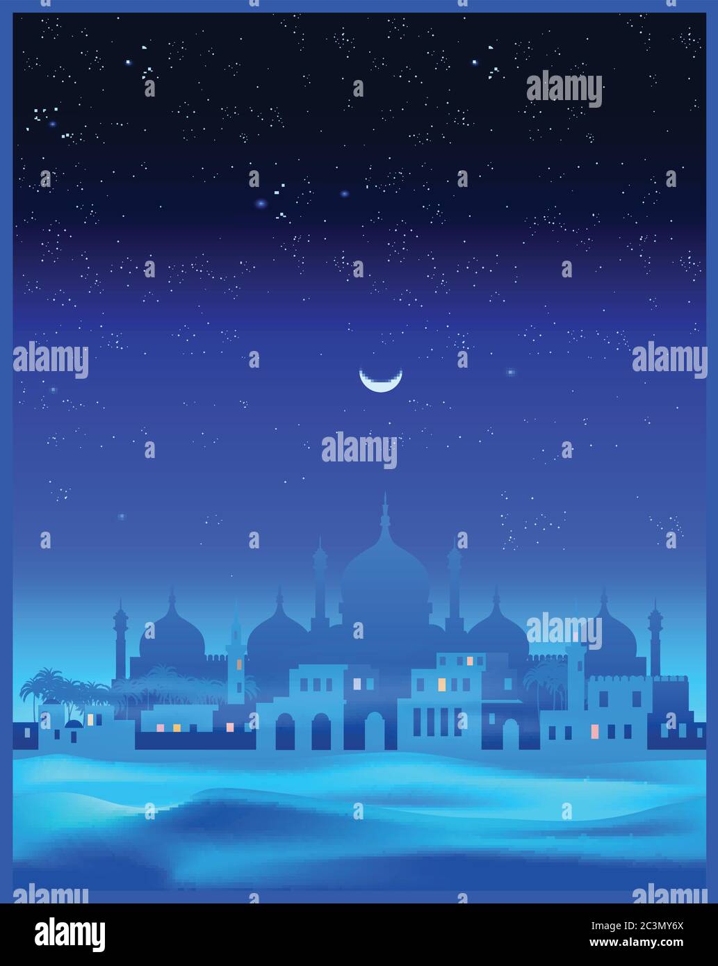 Illustrazione vettoriale stilizzata della vecchia città araba durante la notte nel mezzo del deserto. Senza giunture in orizzontale, se necessario Illustrazione Vettoriale