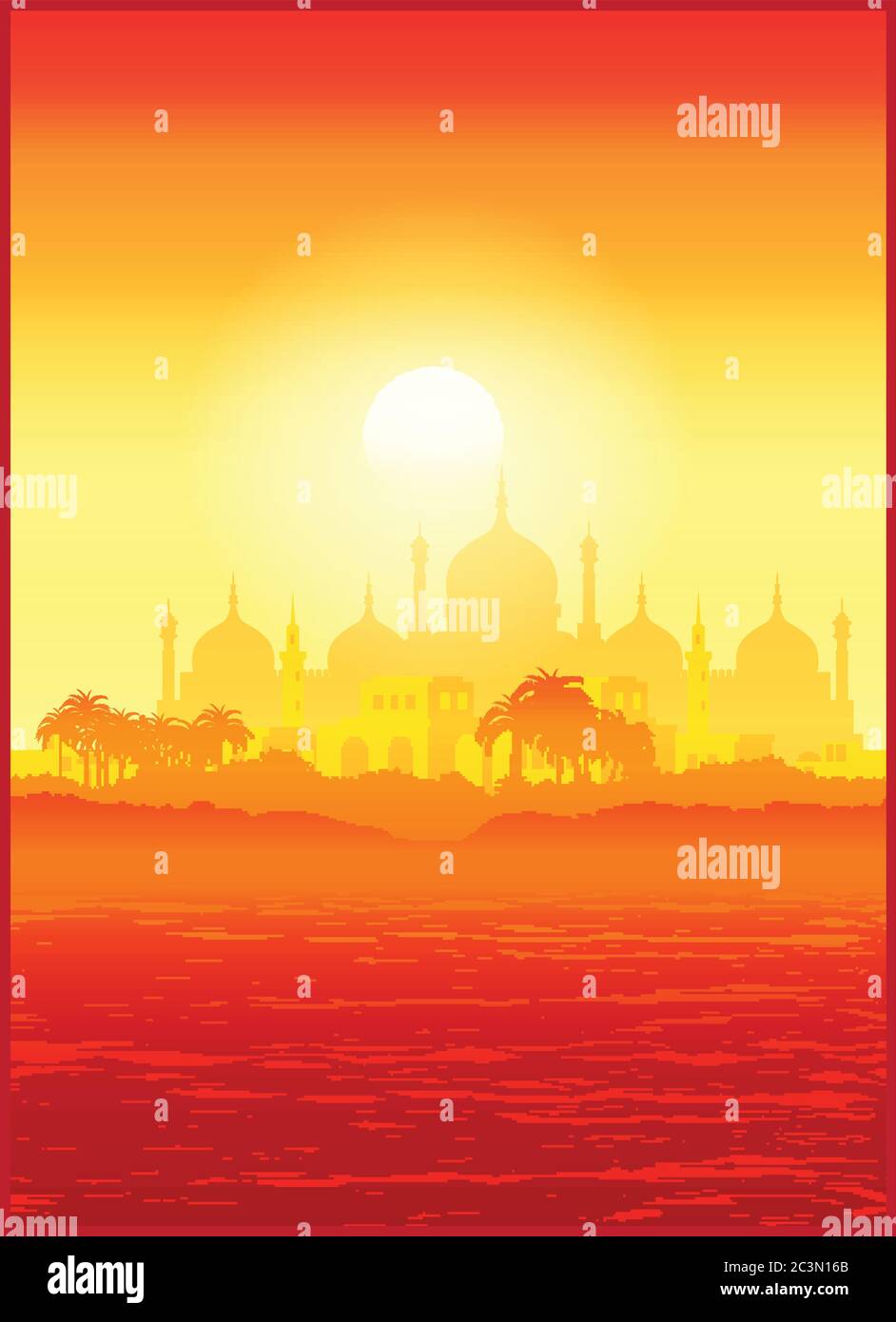 Illustrazione vettoriale stilizzata della vecchia città del Medio Oriente sulle rive negli ultimi raggi del sole. Senza giunture in orizzontale, se necessario Illustrazione Vettoriale