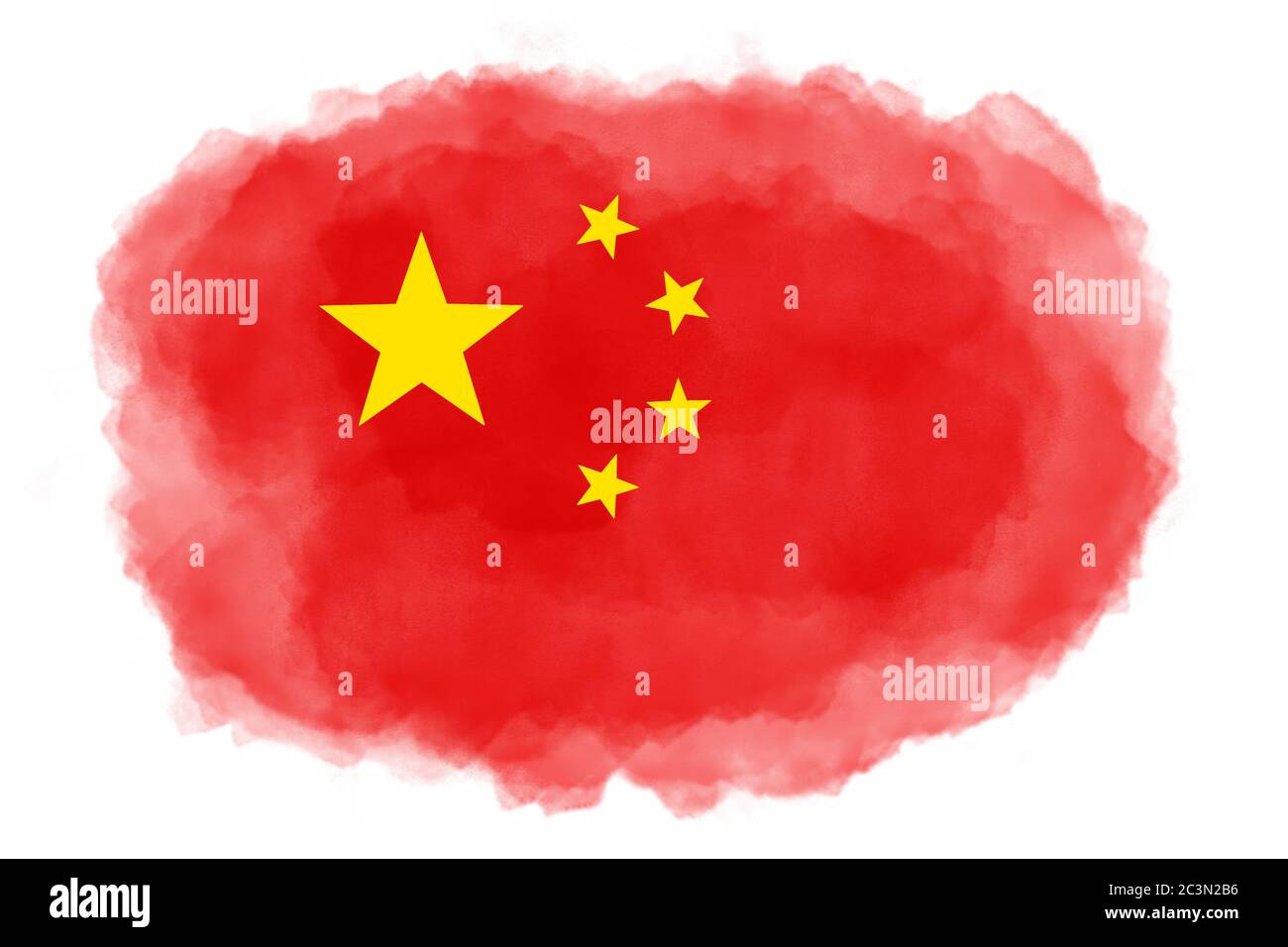 Spruzzi d'acqua rossi con stelle gialle dalla bandiera della Cina isolato su sfondo bianco. Immagine watercolor generata dal computer. Foto Stock