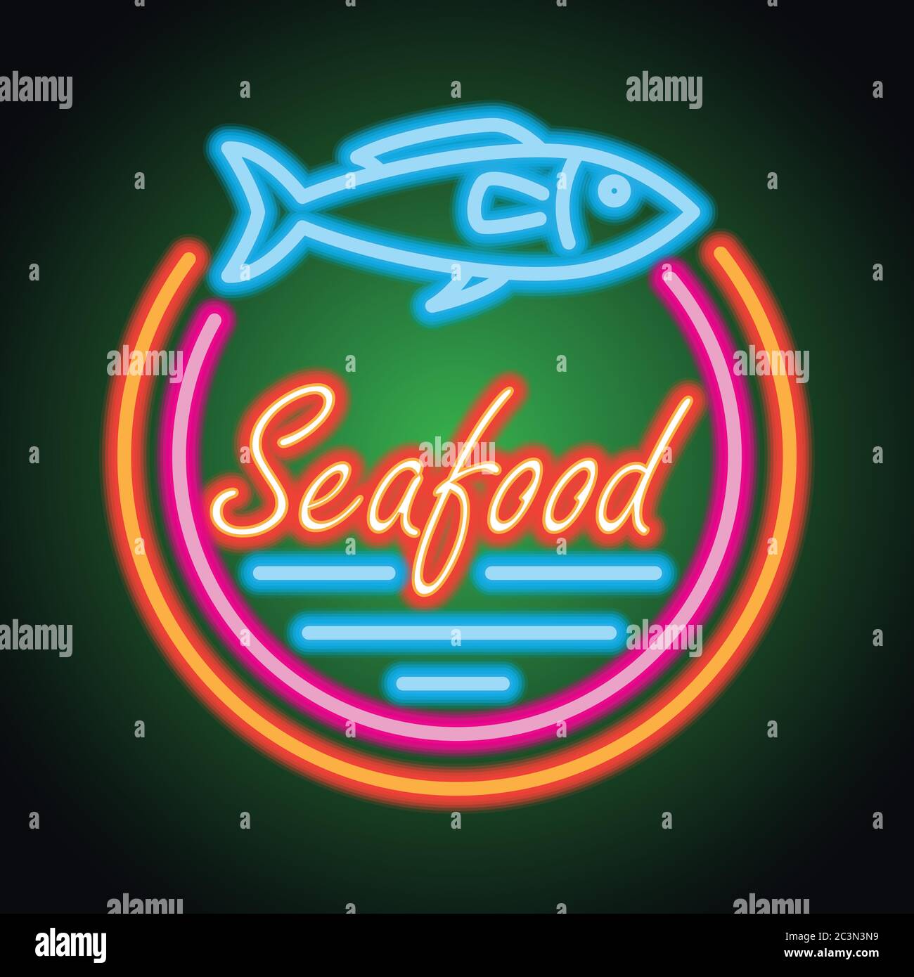 ristorante di pesce al neon segno tavola. illustrazione vettoriale Illustrazione Vettoriale