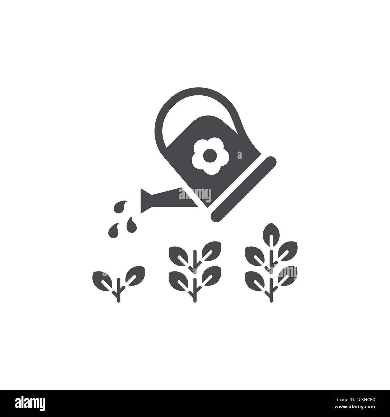 Annaffiatura lattina con pianta, concetto di fasi di crescita. Sviluppo di affari o giardinaggio icona vettore nero. Illustrazione Vettoriale
