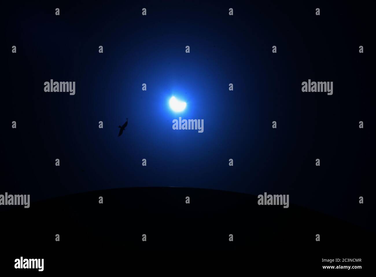 La luna copre parzialmente il sole durante un'eclissi solare anulare 'la gente sta vedendo questo drammatico 'anello di fuoco' nel cielo - la prima eclissi solare di 2020 dalle loro case con l'aiuto di una piastra di raggi X e con tutte le altre misure di sicurezza a Lahore il mese di giugno 21, 2020.quando la luna è in orbita tra la terra e il sole per un certo periodo, il sole diventa parzialmente o completamente invisibile a qualsiasi osservatore della terra (per un certo periodo di tempo). Questo evento è chiamato eclissi solare. Ciò accade quando la nuova luna si alza dopo la nuova luna. Ogni anno sulla Terra si osservano almeno due o cinque eclissi solari. Foto Stock