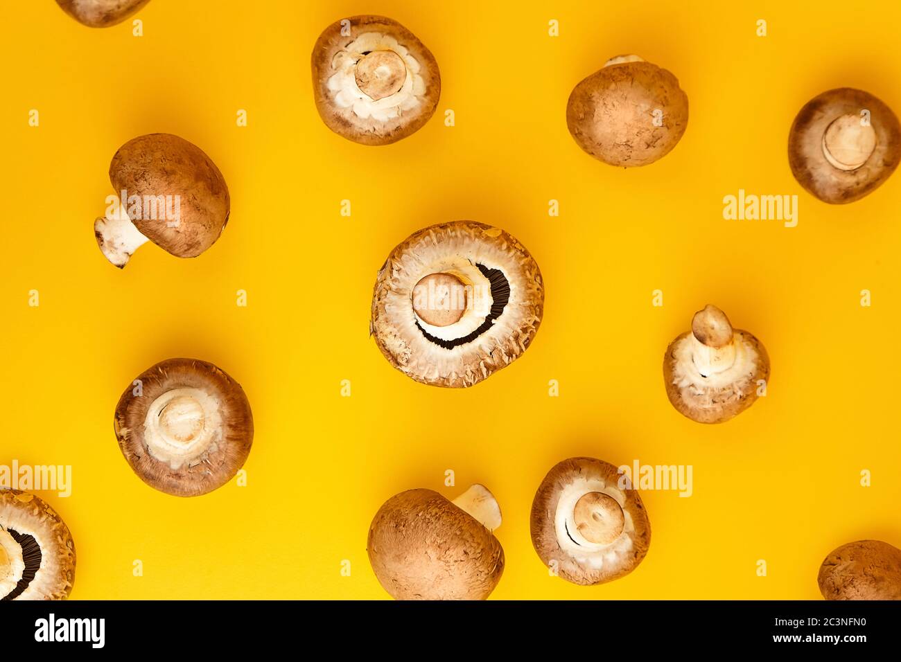 Funghi, champignons marroni freschi sparsi su uno sfondo giallo, vista dall'alto. Ingrediente alimentare non fatto a bagno, piatto posare Foto Stock