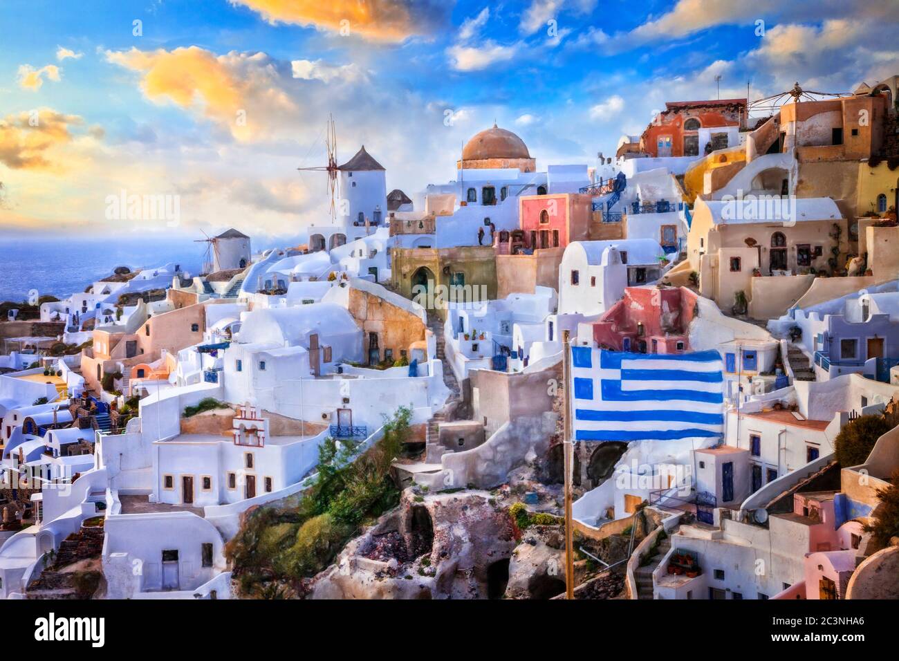 Uno dei simboli più rappresentativi della Grecia - l'isola di Santorini. Grafica in stile pittura Foto Stock