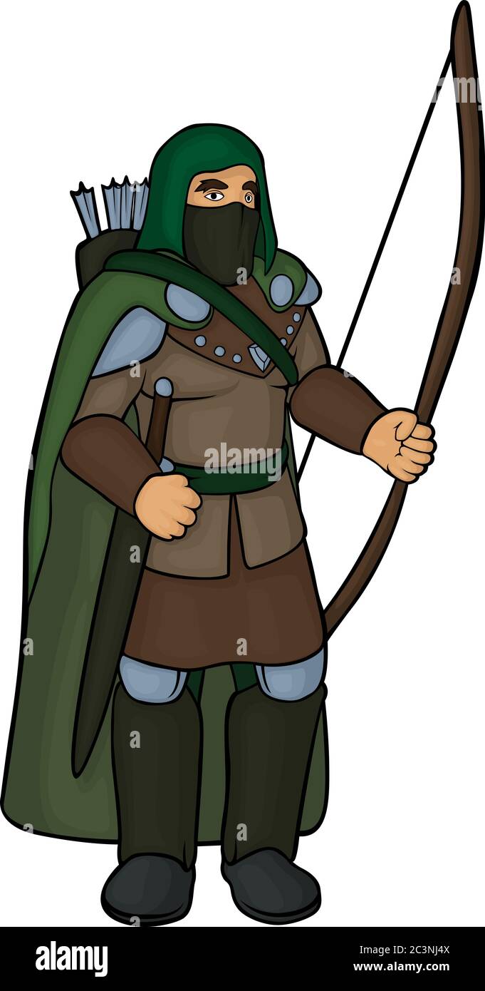 Personaggio fantasy cartoon con arco e spada su sfondo bianco Illustrazione Vettoriale