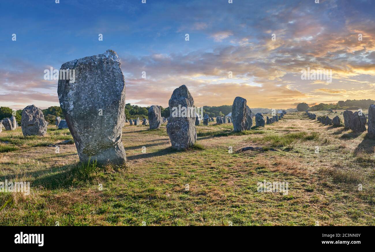 Vista dei monaliti di pietra in piedi neolitici di Carnac, Alignements du Menec, un sito pre-celtico di pietre in piedi utilizzati dal 4500 al 2000 AC, Carnac è fa Foto Stock