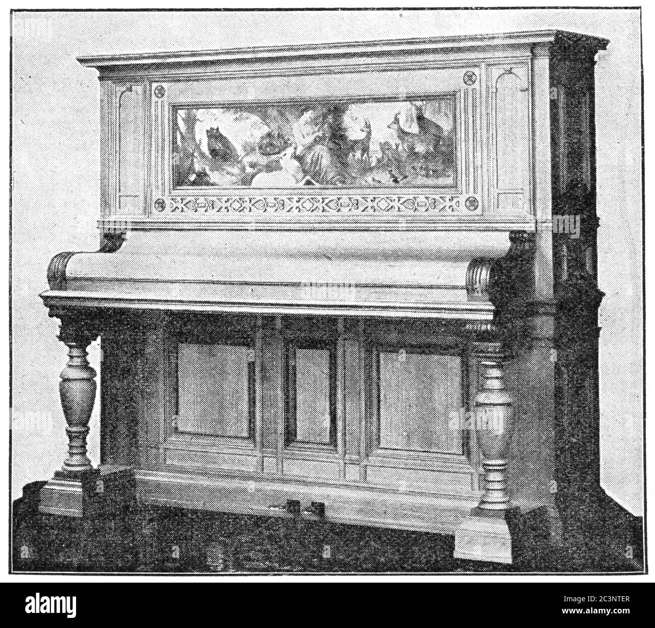 Un pianoforte a pedale verticale in stile rococo. Illustrazione del 19 ° secolo. Sfondo bianco. Foto Stock