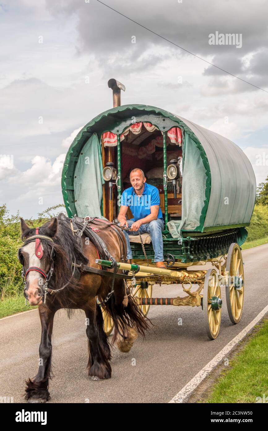 Carovana trainata da cavalli in stile zingaro su una strada di campagna a Norfolk. Foto Stock