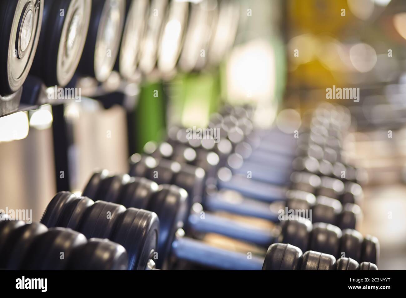 File di manubri in un club fitness sullo sfondo della palestra. Foto Stock
