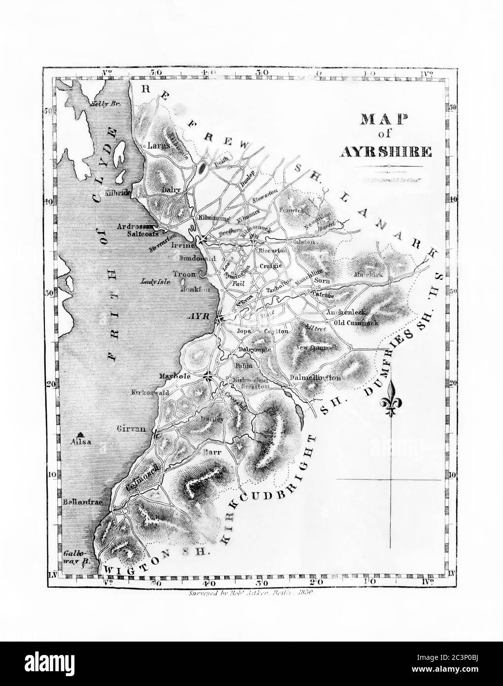 Mappa storica dell'Ayrshire, datata 1830, che mostra varie abitazioni e città importanti e la linea costiera con il Firth di Clyde, Ayrshire, Scozia, Regno Unito Foto Stock