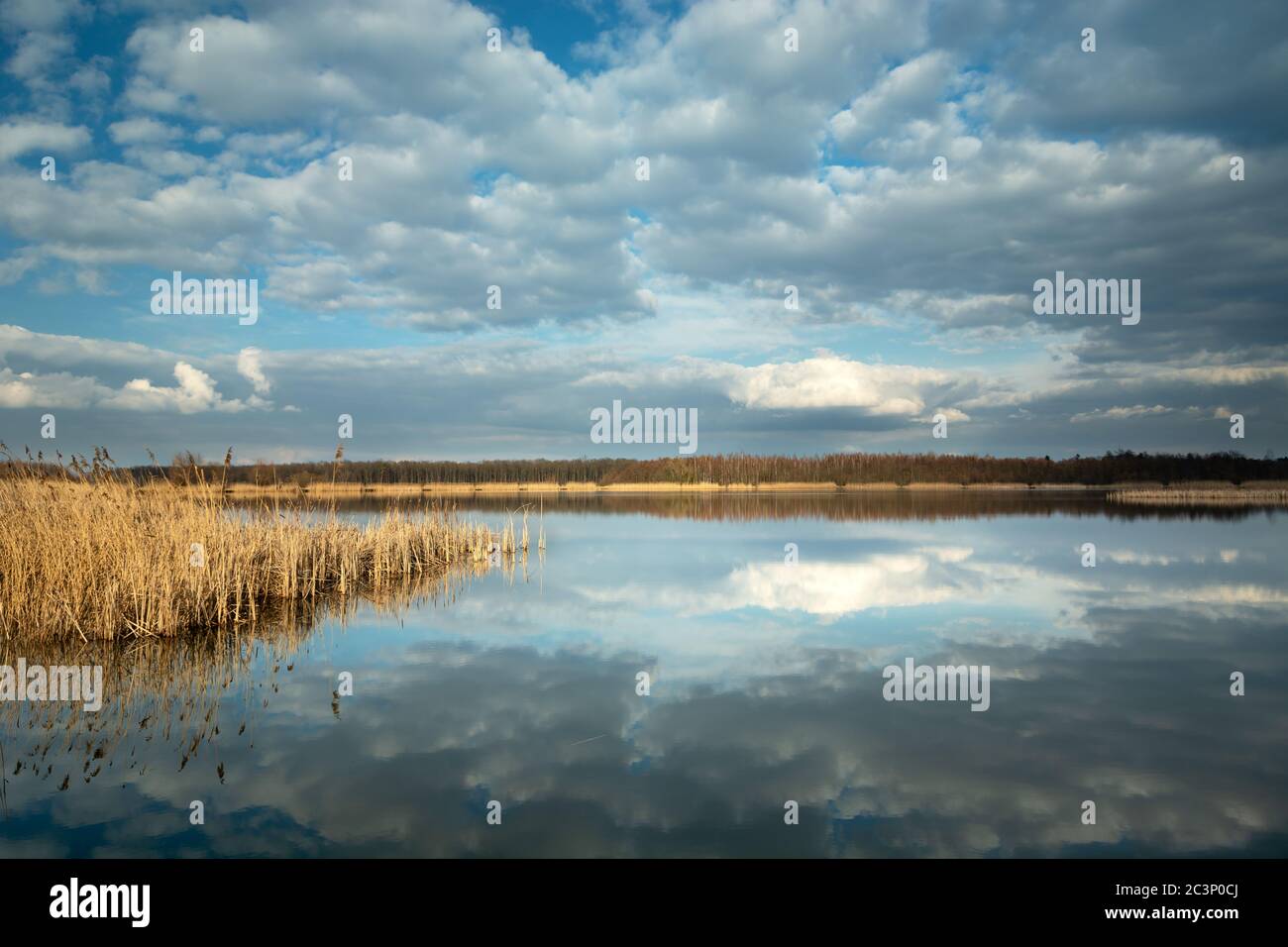 Nuvole che si riflettono nella calma superficie del lago, soleggiata giornata di primavera Foto Stock