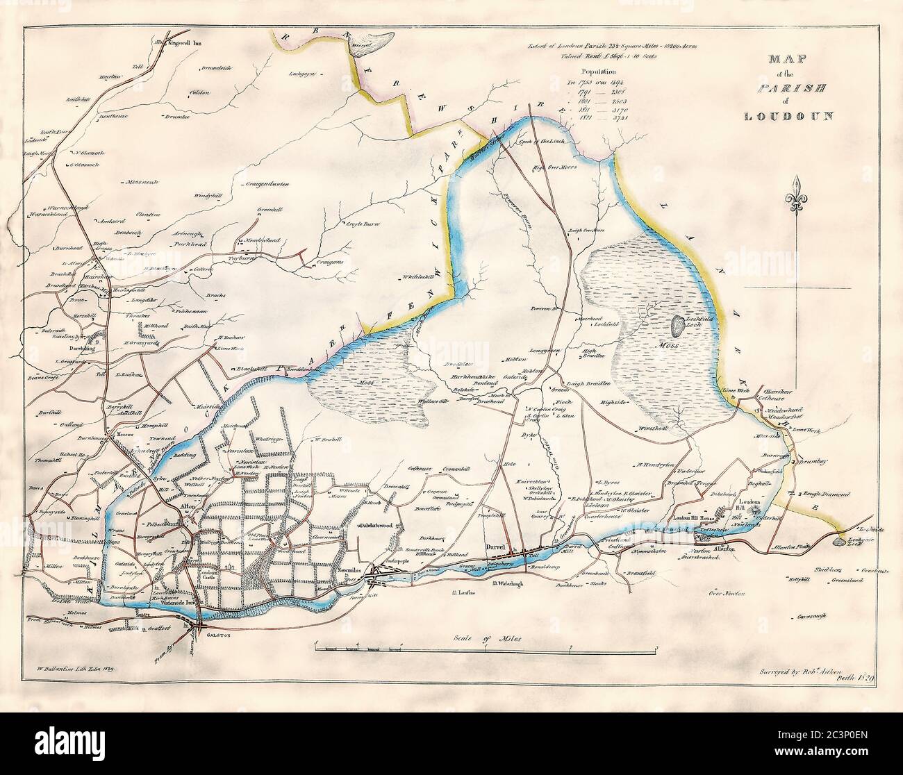 Mappa storica, datata 1829, che mostra la parrocchia di Loudoun, Ayrshire, Scozia, compresi i dettagli delle popolazioni e delle valutazioni del territorio, Regno Unito Foto Stock