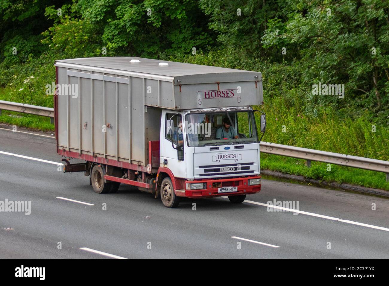 1995 Old Iveco hine box van; Coach costruito e conversione trasporto di animali viaggiando sull'autostrada M6, Lancashire, UK Foto Stock