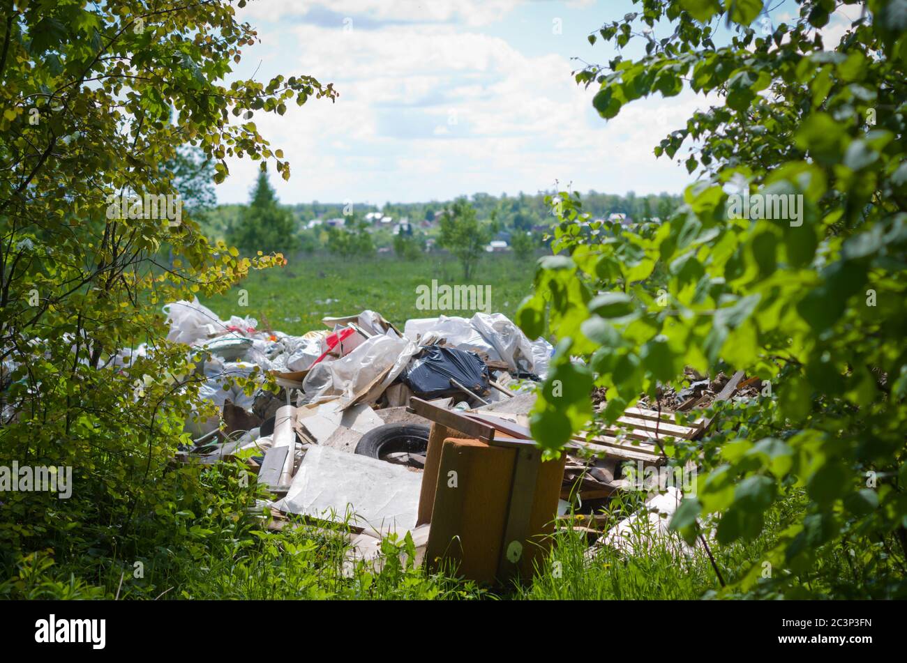 Primavera nella foresta russa. Inquinamento ambientale. Rifiuti in discarica vicino alla foresta. Foto Stock