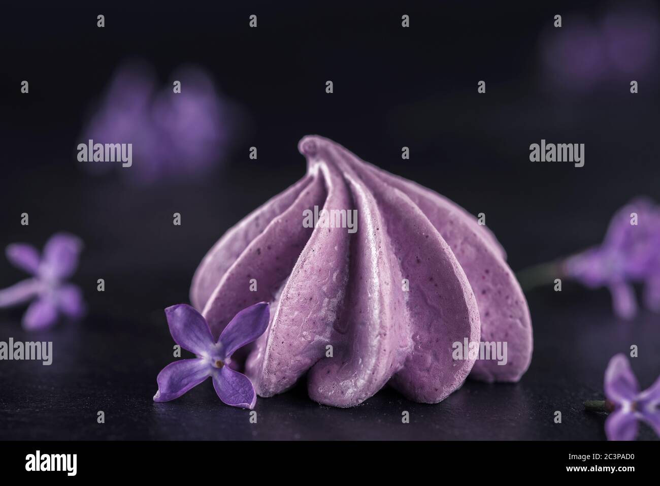 Biscotto viola meringa decorato con fiori lilla su sfondo scuro. Macro shot. Tasto basso. Concetto minimal Foto Stock