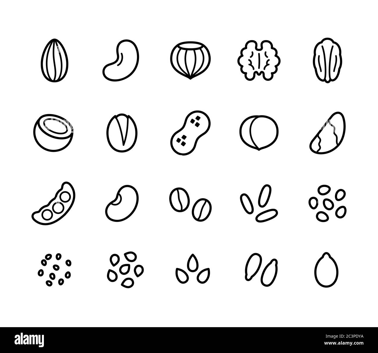 Insieme di icone di linea di dadi, semi, grani e legumi. Ingredienti dietetici a base vegetale, simboli del latte non caseario. Illustrazione Vettoriale