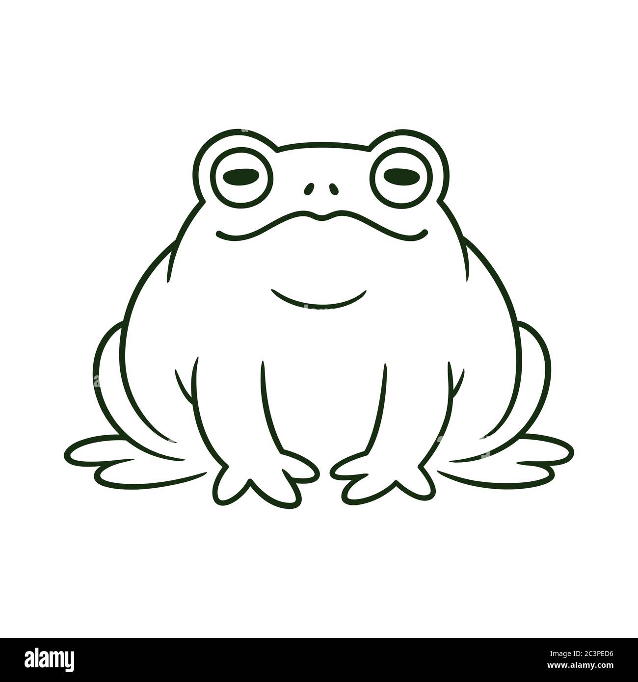 Cartoon toad, disegno in linea bianco e nero. Divertente toad seduta. Illustrazione grafica a clip vettoriale isolata. Illustrazione Vettoriale