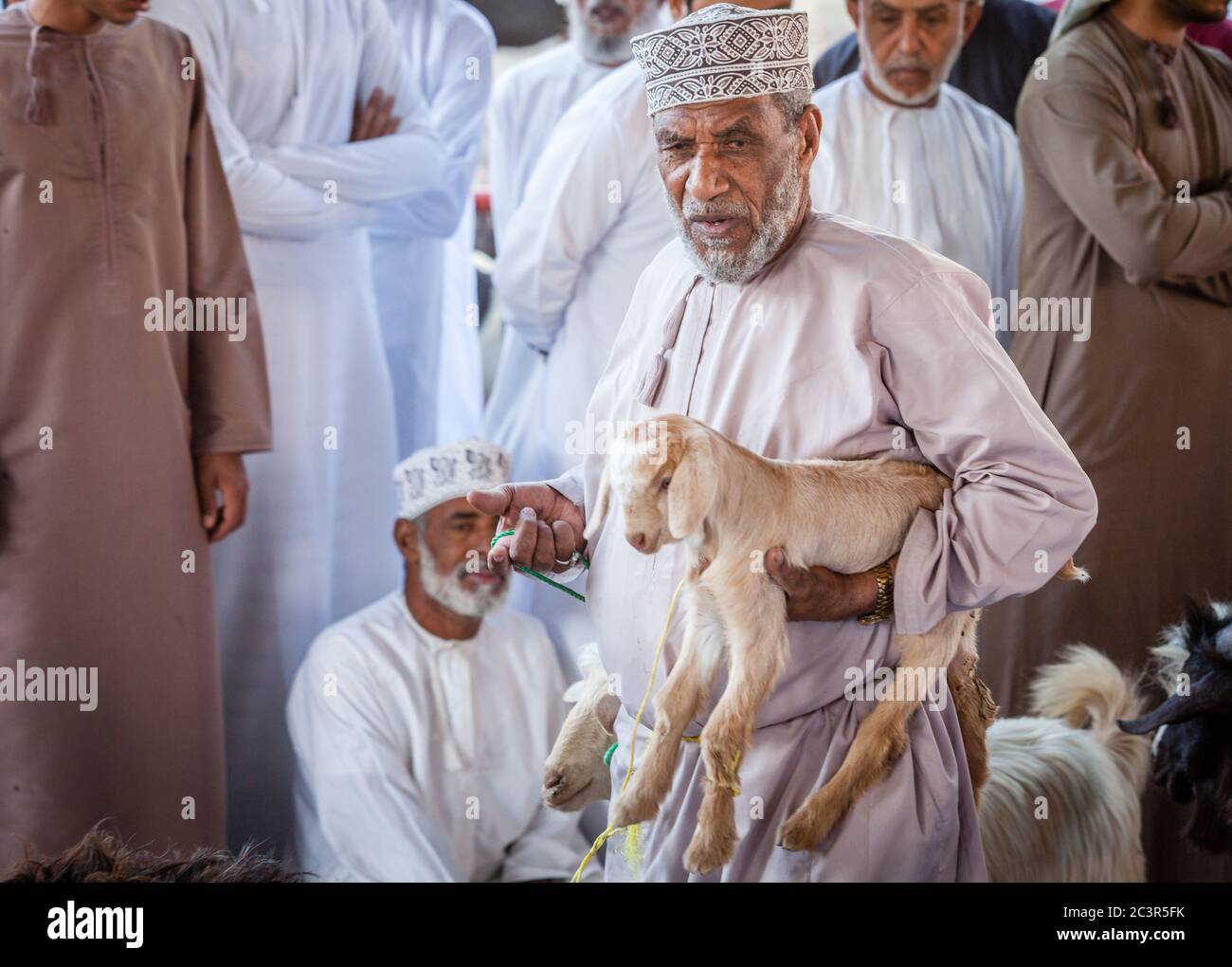 Nizwa, Oman, 2 dicembre 2016: Venditori di capra al mercato della capra di venerdì a Nizwa, Oman Foto Stock