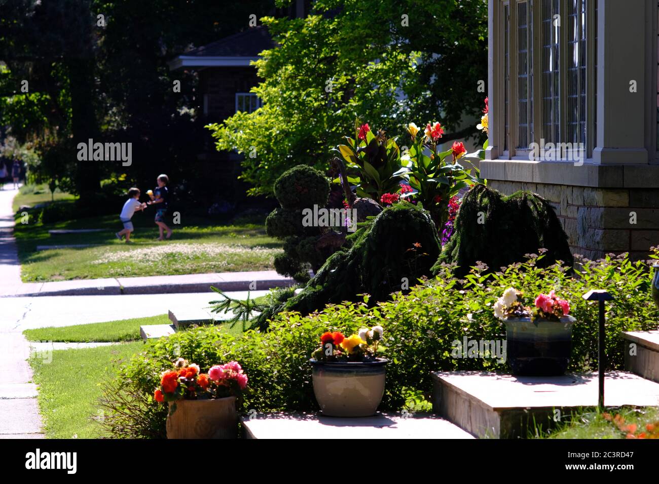 I bambini giocano con acqua dietro il giardino anteriore immaculately manicured di una casa di quartiere di Glebe a Ottawa, Ontario, Canada. Foto Stock