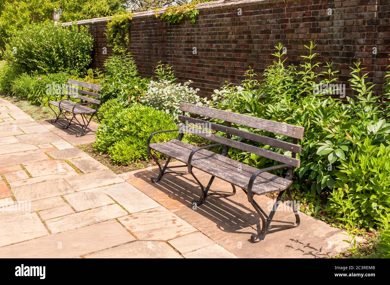 Panchine di legno parco in un giardino a Mellon Park in una giornata soleggiata estate, Pittsburgh, Pennsylvania, Stati Uniti Foto Stock