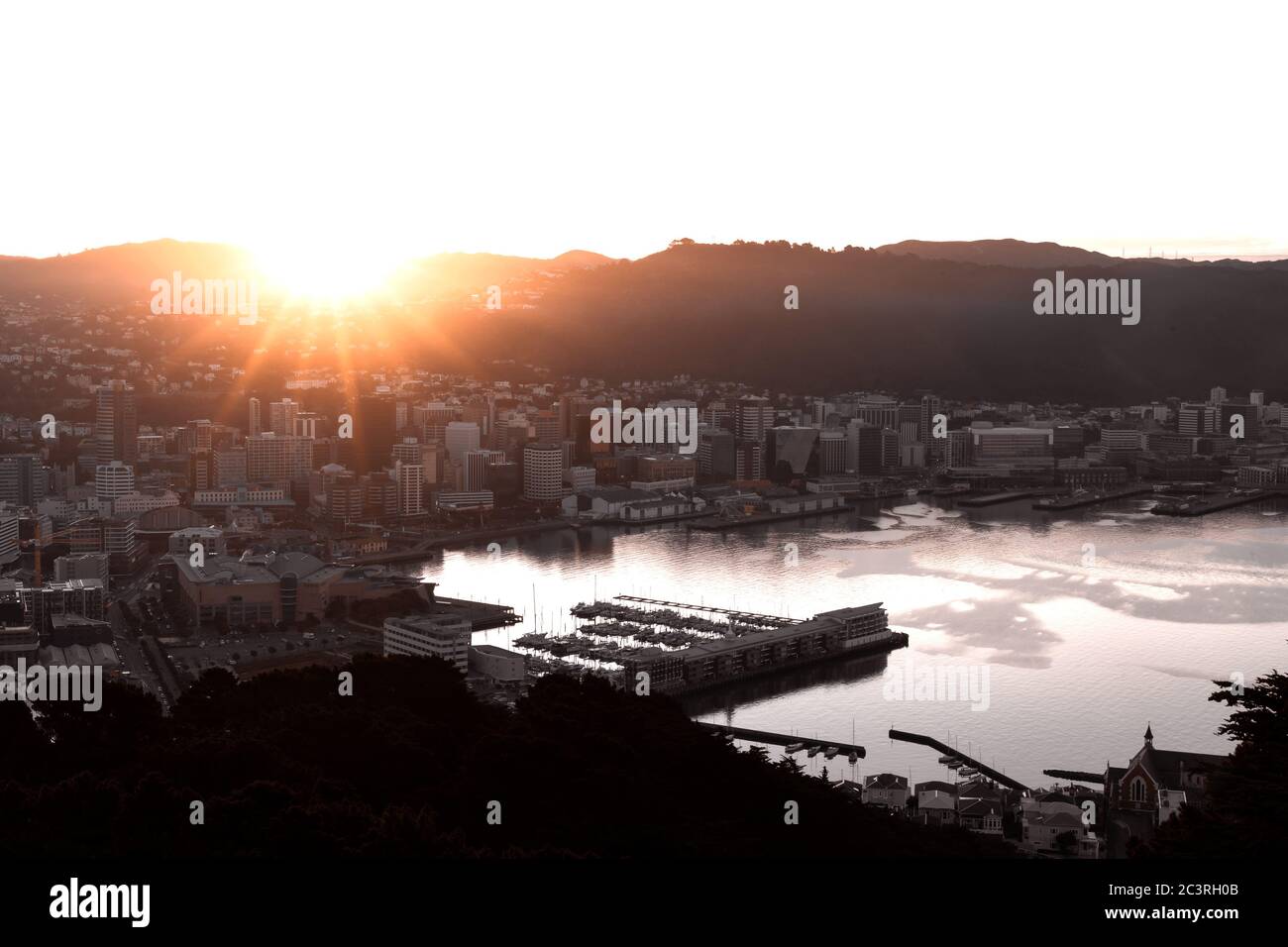 Wellington città e porto al tramonto Foto Stock