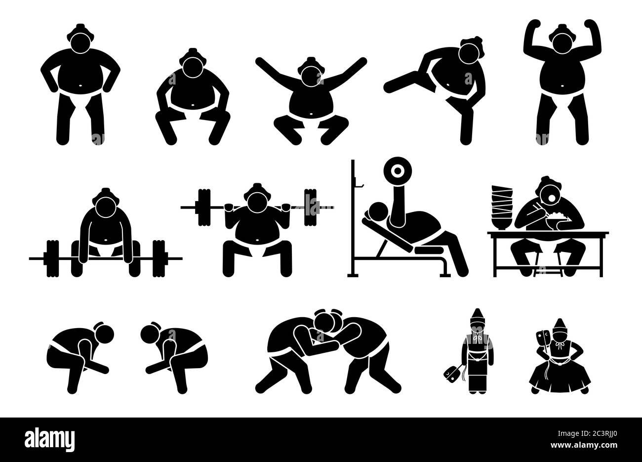Pittogramma con icone di wrestler Sumo giapponesi. Semplici set icone clipart raffiguranti sumo wrestler posizione in piedi, squatting, sollevamento gamba, ginnastica, mangiare, Illustrazione Vettoriale
